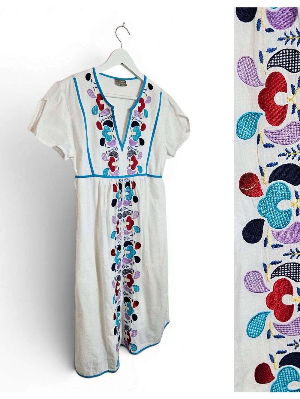 Sabby Anand Sun Dress Size S Embroidered Tunic  Pockets Boho White Cotton